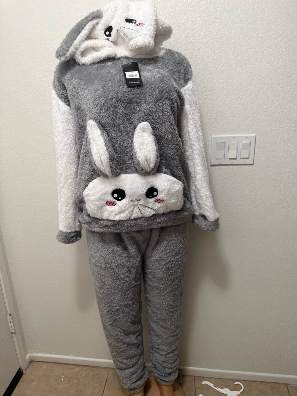 Gray & White Bunny Plush women Pajama Set - Cozy Hooded Sleepwear